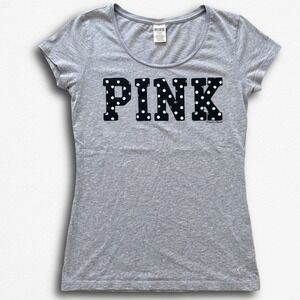 Victoria's Secret PINK Gray Polka Dot Logo Scoop Neck T-Shirt Small Heathered